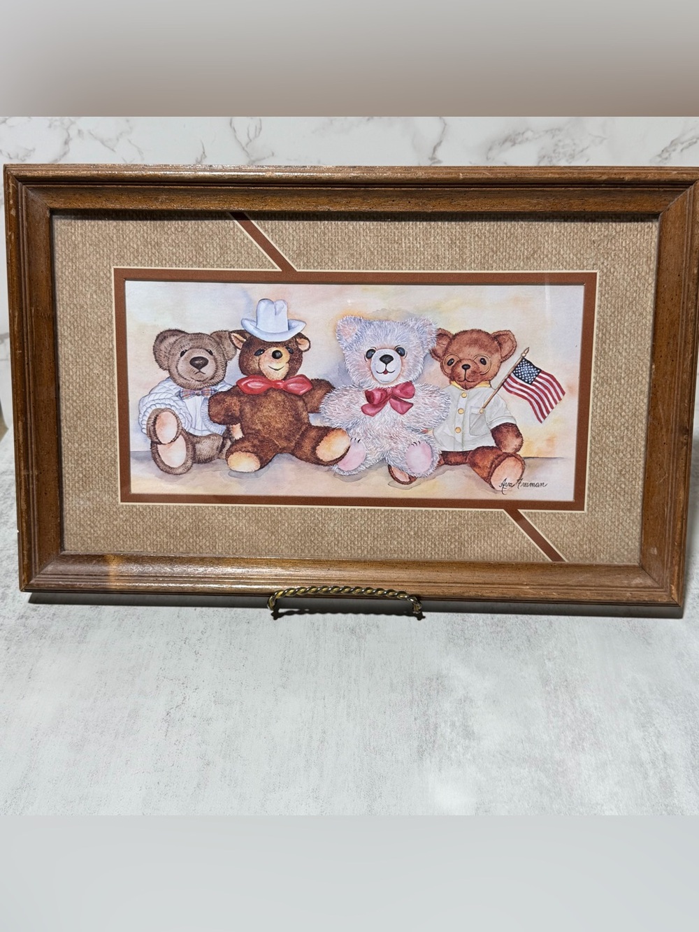 Vintage Signed Teddy Bears Patriotic Framed Print - Neutral Tones